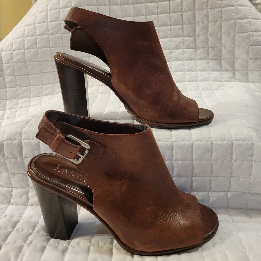 Lauren Ralph Lauren Size 7.5 Brown Leather Peep Toe Slingback Block Heel Booties